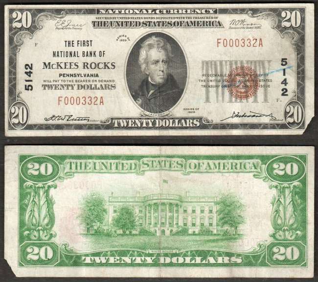 $20 1929-1 NBN=FIRST NATIONAL BANK McKEES ROCKS, PA Pennsylvania