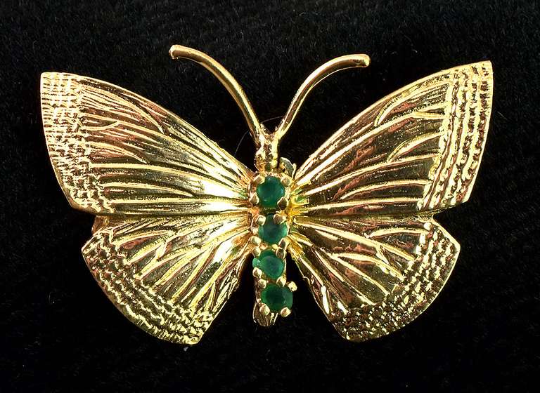 Detailed Butterfly Pin with Emerald Accents in 14KT Yellow Gold