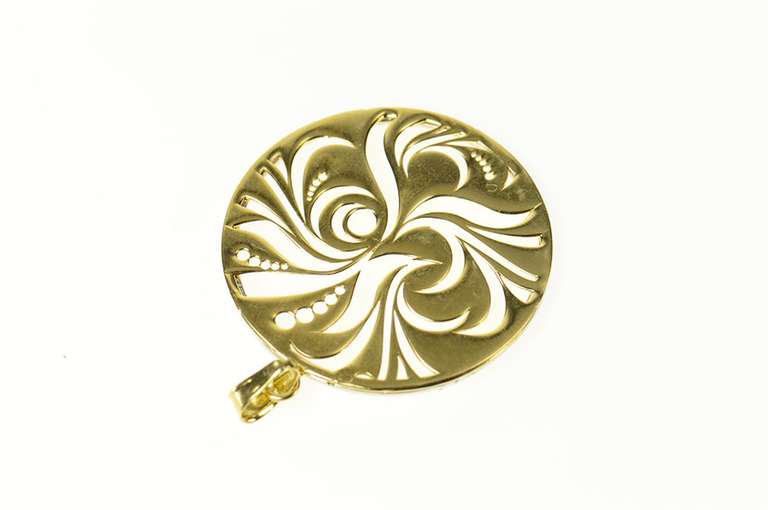 14K Yellow Gold Diamond Round Swirl Abstract Cut Out Circle Pendant