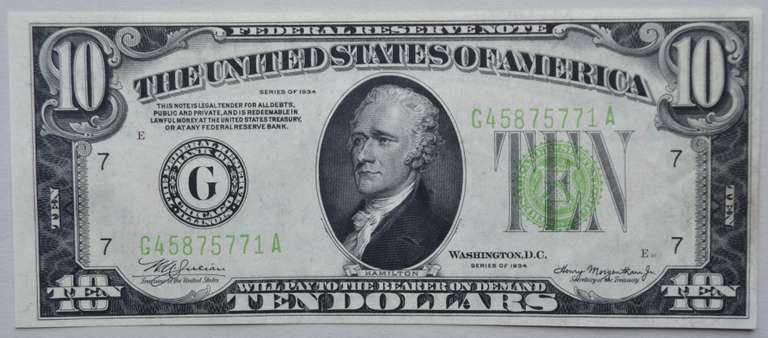 $ 10 1934 CH CU NY Fed Reserve Note
