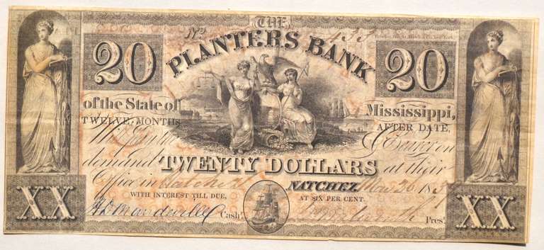 $ 20 Planters Bank Of Natchez Miss Nov 26 1839 Note