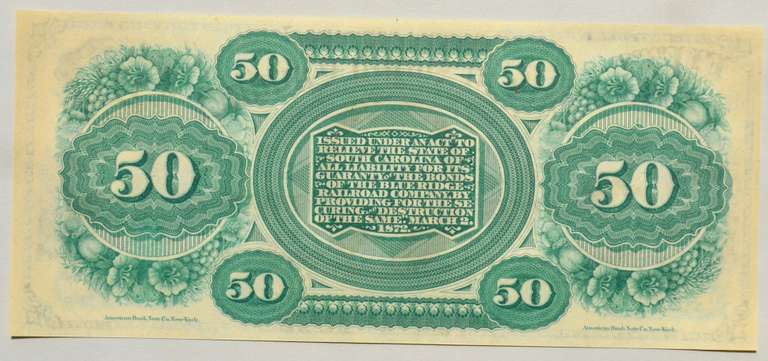 CH CU 1872 $50 State of South Carolina Revenue Scrip Note
