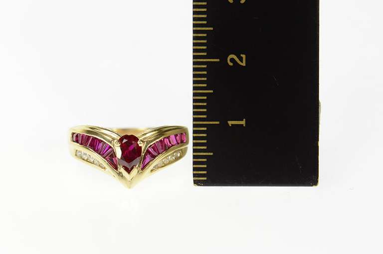 14K Yellow Gold Pear Syn. Ruby Diamond Chevron Statement Ring
