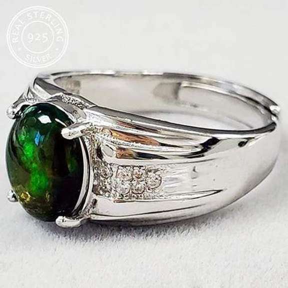 ETHIOPIAN OPAL & WHITE SAPPHIRE MENS STERLING SILVER ADJUSTABLE RING