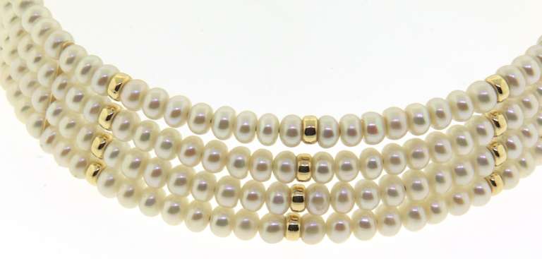 Gorgeous Yellow Gold 4-Row White Pearl Collar Necklace