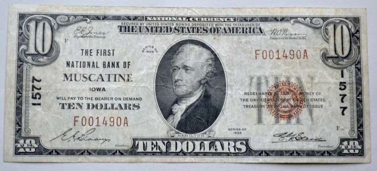 $ 10 Merchants Exchange Bank Of Muscatine Iowa 1929 National Currency Note