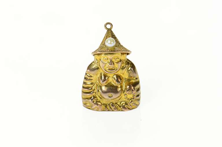 14K Yellow Gold Puffy Ornate Buddha Pearl Hat Buddhist Charm/Pendant