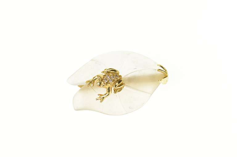 14K Yellow Gold Diamond Tree Dart Frog Camphor Glass Pin/Brooch