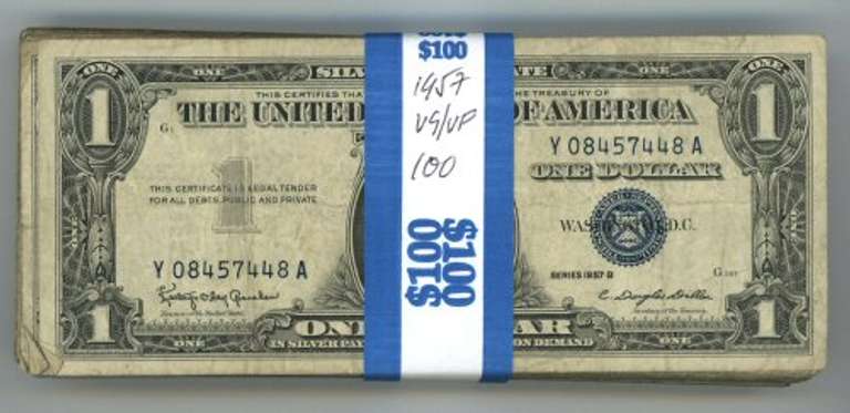 Giant lot of 100 Series of 1957 $1 Silver Certificates. Circs