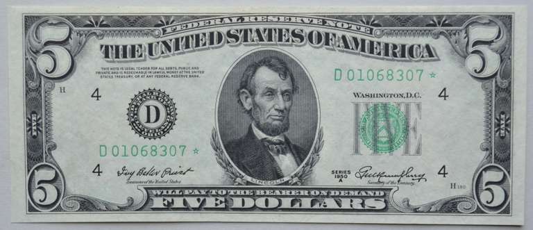 $ 5 1950 A Star CH CU Fed Reserve Note