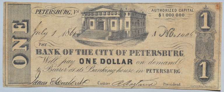 $ 1 Bank Of The City Of Petersburg Va July 1 1861