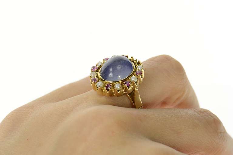 14K Yellow Gold Oval Moonstone Ruby Pearl Victorian Cocktail Ring