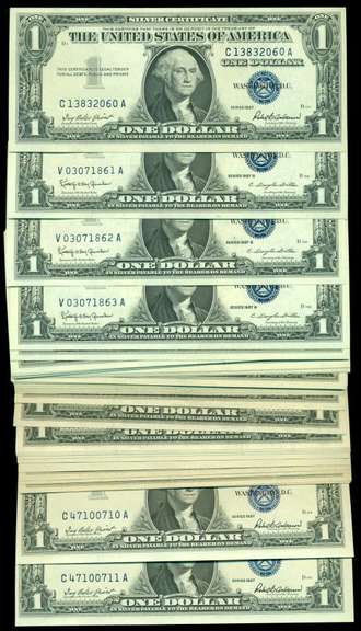 55 Superb Gem CU 1957 $1 Silver Certs. Many sequential