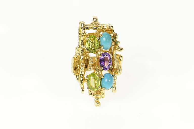 14K Yellow Gold Turquoise Peridot Amethyst Abstract Cocktail Ring