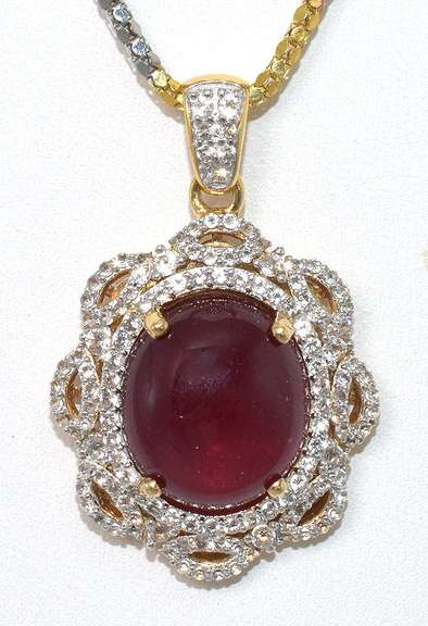 Decadent Massive 15.00CTS Cabochon Cut Natural Star Ruby & White Sapphire Necklace in 3-Tone Sterling Silver