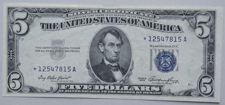 $ 5 1953 Star Choice Near Unc Silver Certificate