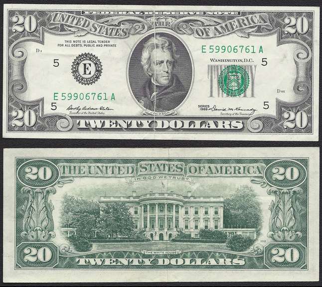 $20 1969 FRN Gutter Fold Through Jackson's Face