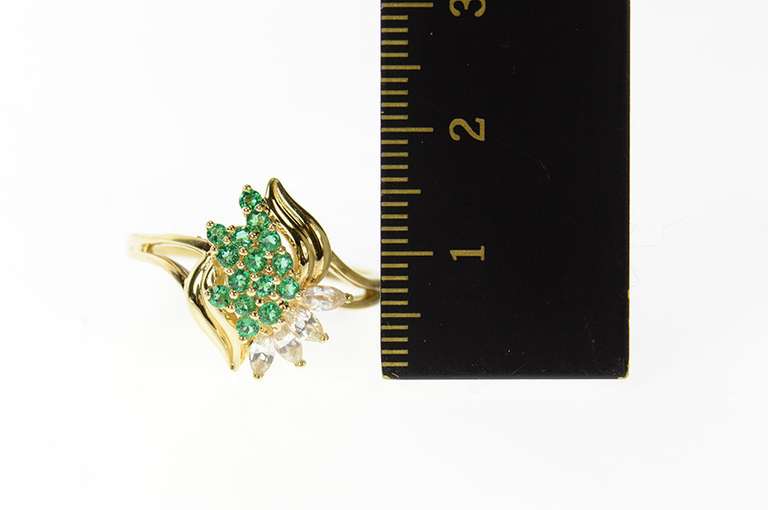 14K Yellow Gold Retro Classic Syn. Emerald CZ Cluster Statement Ring
