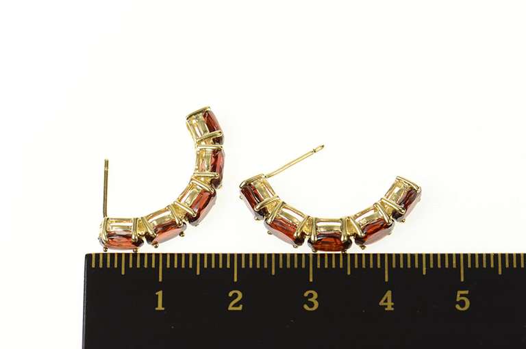 10K Yellow Gold Oval Garnet Inset Curved Bar Semi Hoop Earrings
