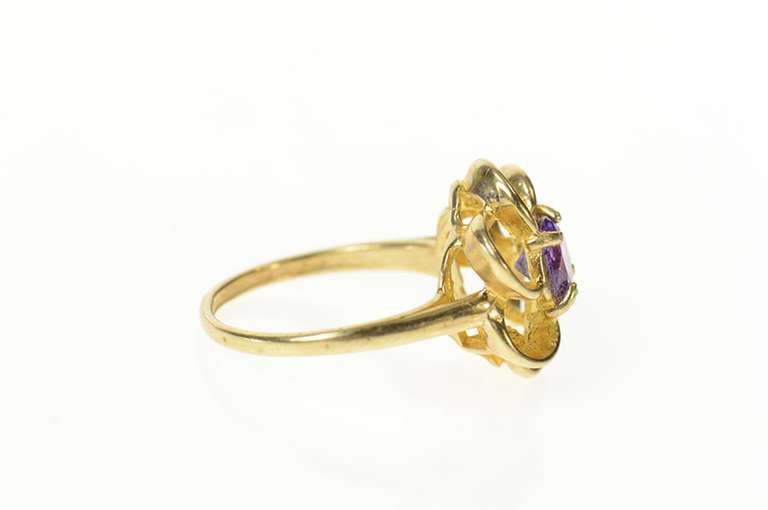 10K Yellow Gold Round Amethyst Flower Swirl Cocktail Ring