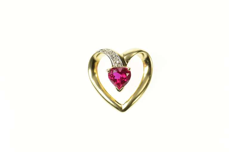 10K Yellow Gold Heart Syn. Ruby Diamond Accent Curvy Pendant