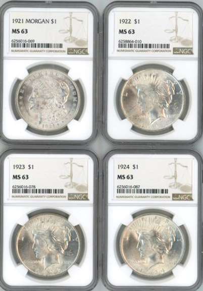 Choice BU 1921 to 1924 Silver Dollars. NGC MS63 holders