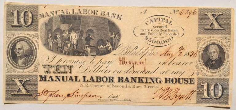 $ 10 Manual Labor Banking House Aug 2 1836 Unc Note Note