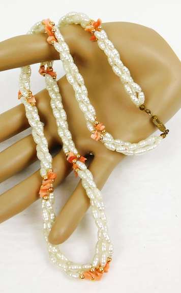 Triple Strand Freshwater Rice Pearls & Coral Necklace
