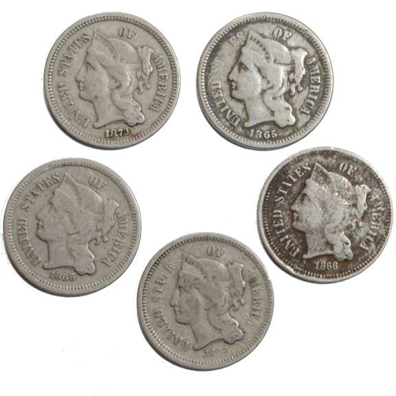 5 Assorted 3 Cent Nickels
