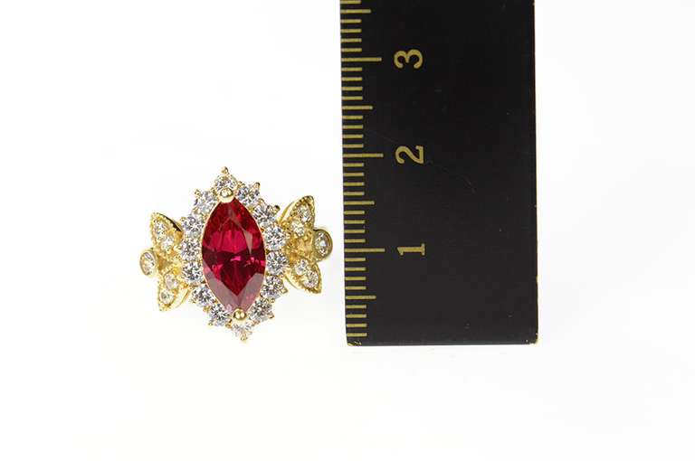 14K Yellow Gold Marquise Syn. Ruby Ornate Halo Statement Ring