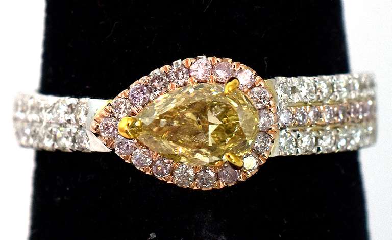 Modern Pink, Yellow, & White Natural Diamond Ring in 14KT 3-Tone Gold