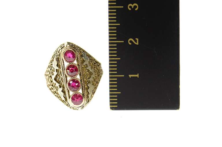 10K Yellow Gold Victorian Ornate Syn. Ruby Filigree Dinner Ring