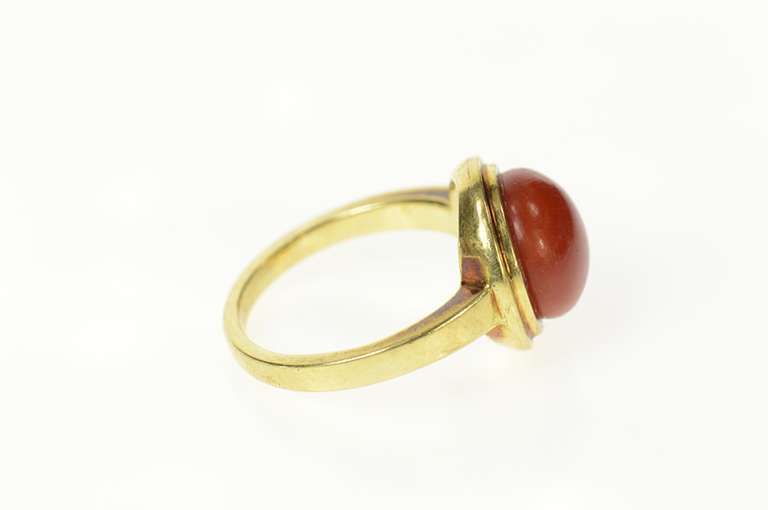 14K Yellow Gold 1960's Retro Cinnabar Cabochon Statement Ring