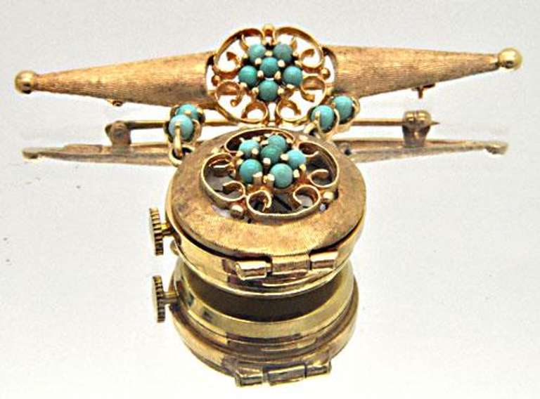14 KT GENEVA WATCH PIN WITH TURQUOISE ACCENTS