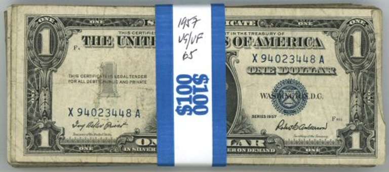 Large lot of 65 Series of 1957 $1 Silver Certificates. Circs