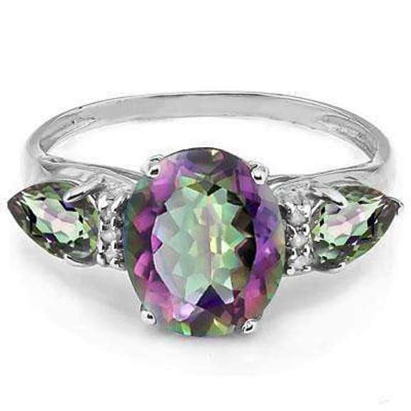 3.04 CT MYSTIC GEMSTONE & DIAMOND STERLING SILVER RING