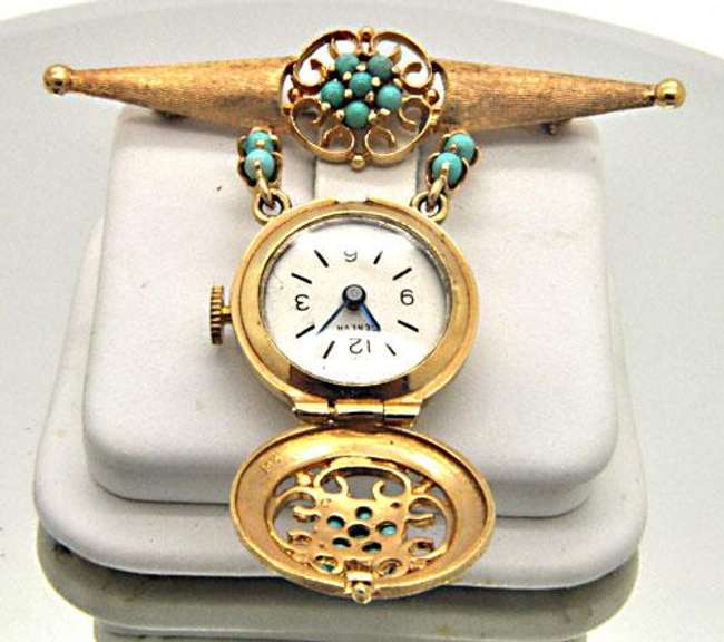 14 KT GENEVA WATCH PIN WITH TURQUOISE ACCENTS