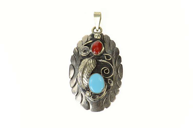 Sterling Silver Turquoise Cinnabar Ornate Native American Pendant
