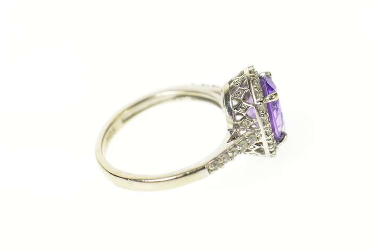 10K White Gold Oval Amethyst Diamond Halo Statement Ring