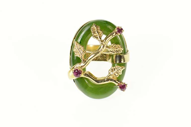 14K Yellow Gold Jade Ring Ruby Tree Branch Cherry Blossom Ring