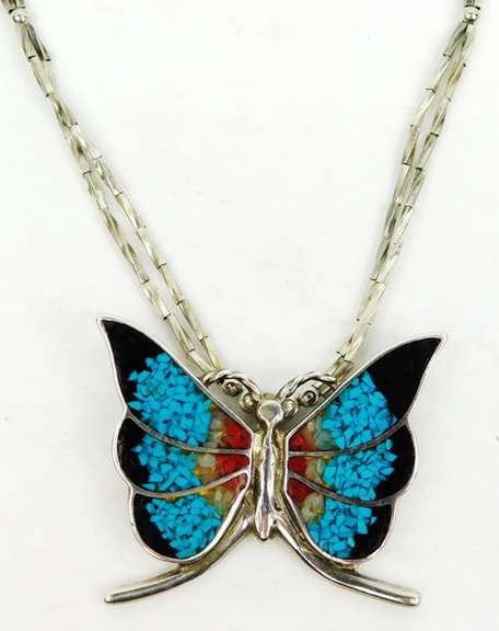 Signed Navajo Large Sterling Gemstone Butterfly Necklace