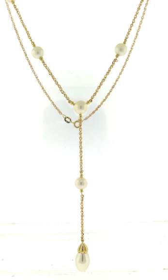 Stunning 14kt YG White Pearl Lariat Style Necklace