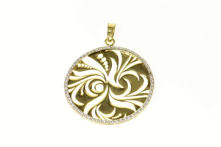 14K Yellow Gold Diamond Round Swirl Abstract Cut Out Circle Pendant