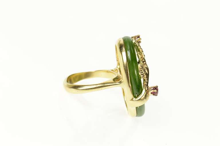 14K Yellow Gold Jade Ring Ruby Tree Branch Cherry Blossom Ring