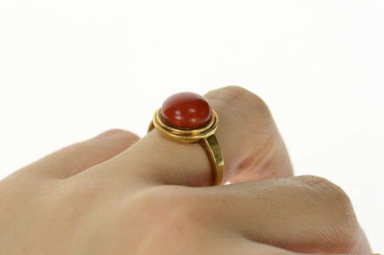14K Yellow Gold 1960's Retro Cinnabar Cabochon Statement Ring