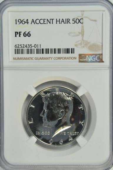 Rare Superb Gem PRF 1964 ACCENT HAIR Kennedy Half. NGC PF66