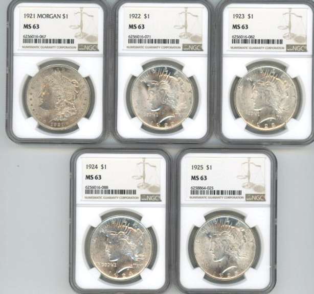 Choice BU 1921 to 1925 Silver Dollars. NGC MS63 holders