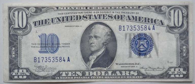 About Near Unc $ 10 1934 A Silver Certificate