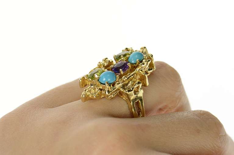 14K Yellow Gold Turquoise Peridot Amethyst Abstract Cocktail Ring