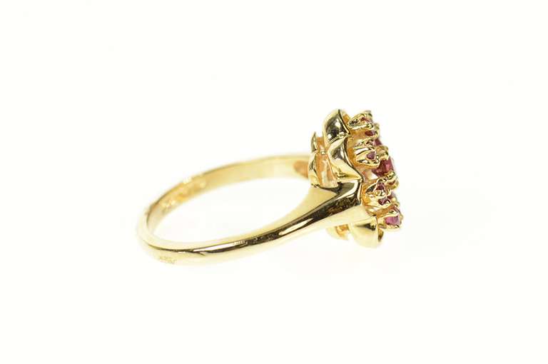 14K Yellow Gold 1960's Retro Ruby Flower Cluster Statement Ring